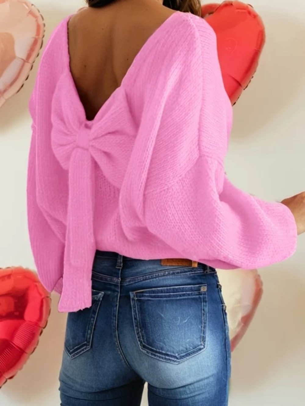 Pink Bow-Back V-Neck Sweater